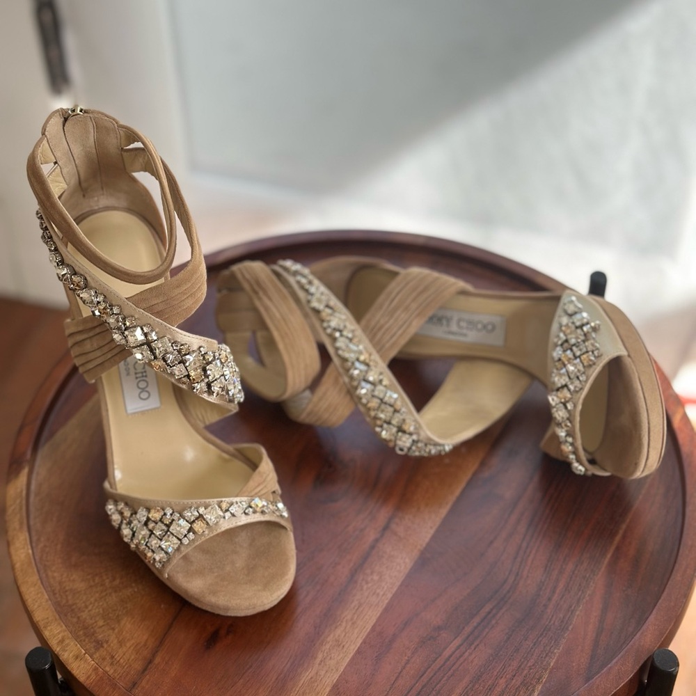 NWOT Jimmy Choo Beige Crystal Embellished Heels - Picture 4 of 8